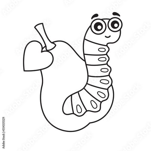 Vector coloring book illustration. Cute caterpillar on a pear in a cartoon style