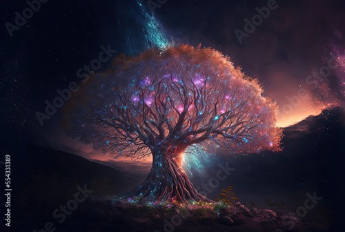 divine tree with glitter glow light, tree of the universe, tree of life photo