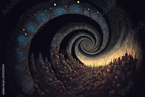  surreal Fibonacci golden spiral illustration. town that build on the spiral ground , way path to other world , other dimension photo