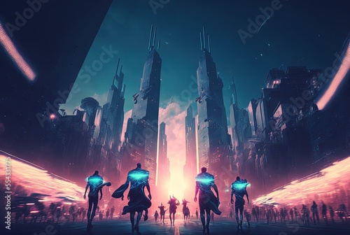 illustration of futuristic cityscape with crowd of people walking on avenue 