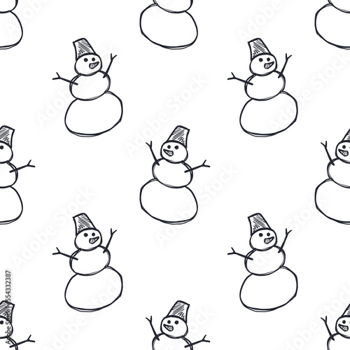 Seamless snowman sketch pattern on a white background. Children's drawing. Winter entertainment. High quality illustration