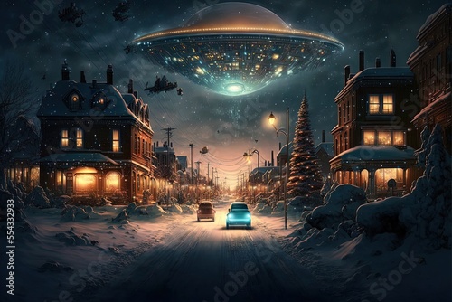 illustration of UFO over town in winter season