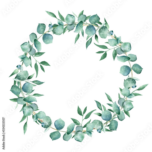 Watercolor round frame isolated on white background. Eucalyptus and pistachio branches. Hand drawn botanical illustration. Ideal for stationery, wedding invitations, save the date, greeting card