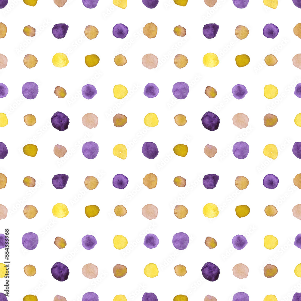 Seamless pattern bright yellow and purple dots painted in watercolor on a white background. For fabric, sketchbook, wallpaper, wrapping paper.