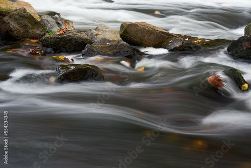 creek with soft flowing waterfalls and rocks