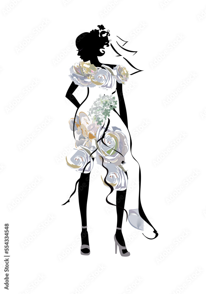 Abstract beautiful bride in lines decorated with delicate roses and other flowers for wedding decoration, Valentine's Day, sales and other events . Hand drawn vector illustrations.