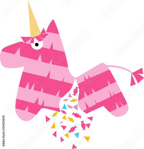Fiesta unicorn horse broken pinata  with confetti for kids play cartoon vector illustration mexican traditional