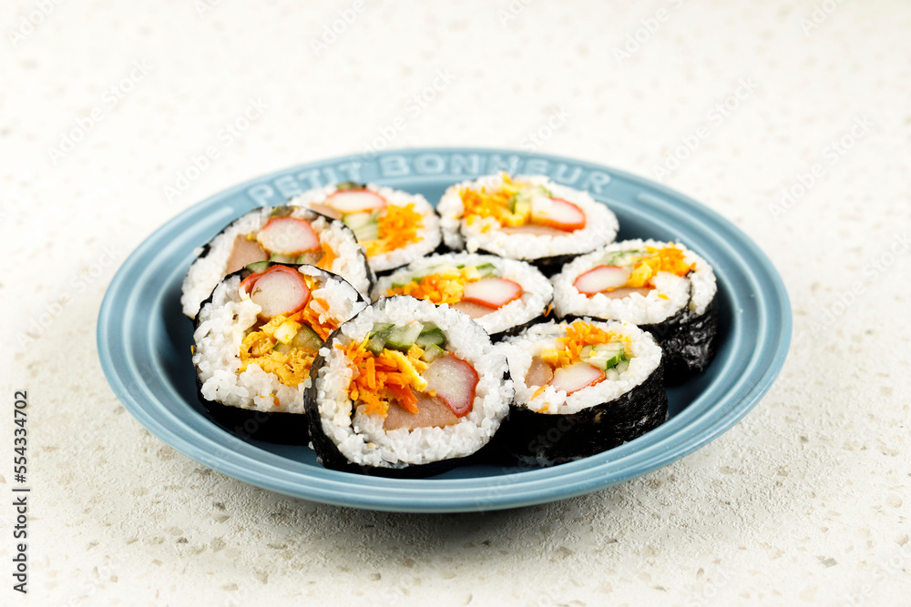 Korean Roll Gimbap or Kimbob, Made from Steamed White Rice or Bap with Vegetable, Meat Korean Roll Gimbap or Kimbob, Made from Steamed White Rice or Bap with Vegetable, Meat