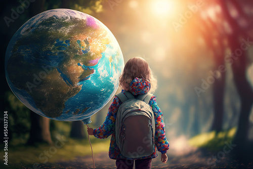illustration of cute kid hold big Earth balloon, idea for  environment reservation,  save the world today for future of your children