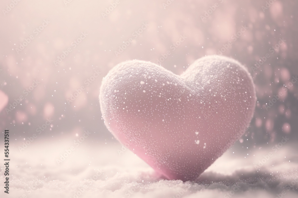 soft pastel pink heart with abstract background with glitter glow shine light and snow flakes ground