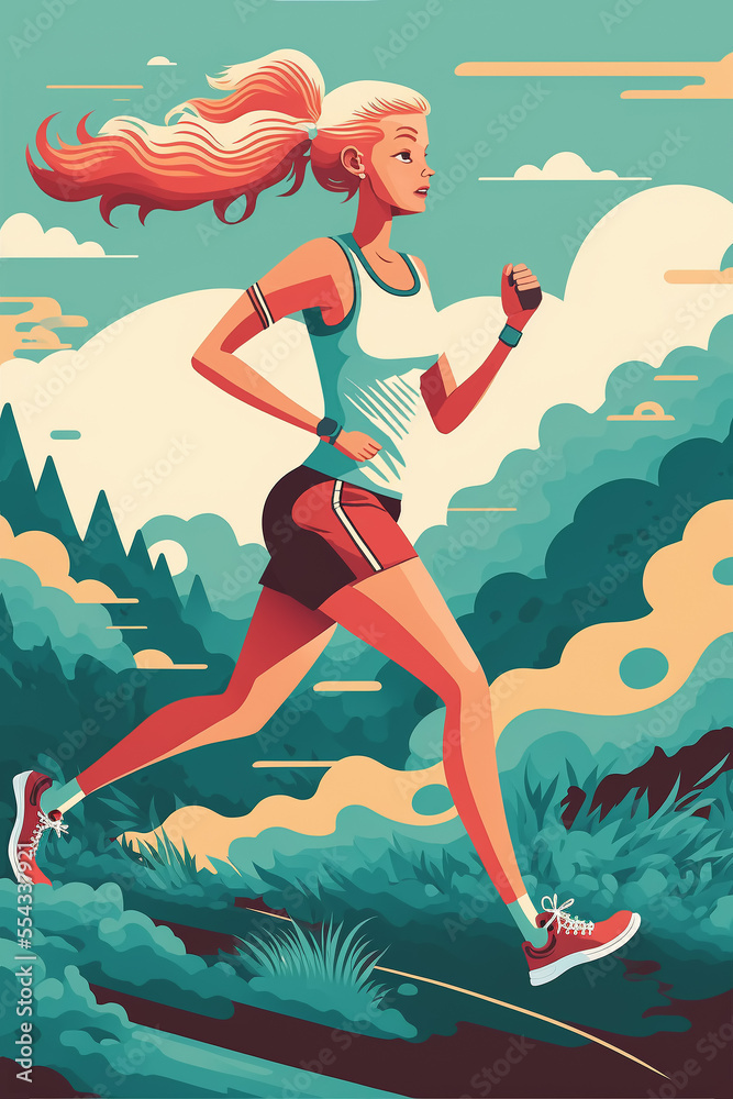 Young woman running in the park concept. Healthy activity. Cartoon illustration.