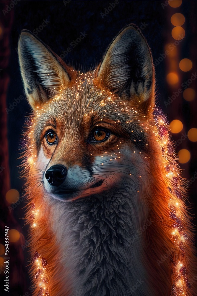 Red fox with Christmas lights, glowing animal, Christmas decorations portrait illustration, studio shot generative ai art, black background