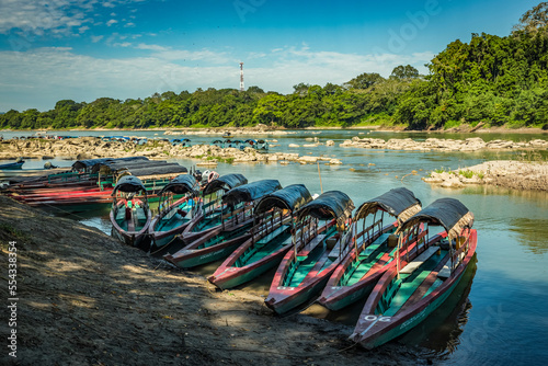 Tour boats to Yaxchilan lined up along the shore; Usumacinta Province, Chiapas, Mexico photo