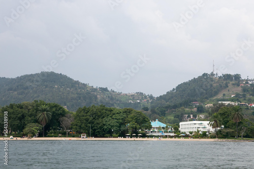 A view to the shores of Lake Kivu from a boat.; Lake Kivu, Rwanda photo