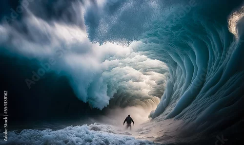 Obraz A man, a surfer in front of a giant wave. The concept of the power of nature and the vulnerability of man to its forces. Huge waves Tsunami Big waves.	