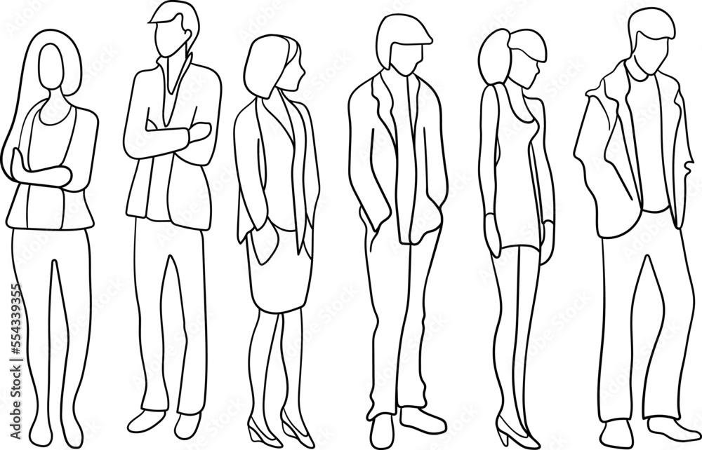 Business people continuous line drawing. Continuous line drawing of a diverse group of standing people on white background. Business team - continuous line drawing vector illustration