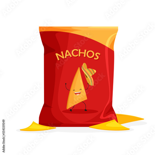 Mexican nachos package design. Hot chips packaging template. Foil bag isolated on white background. Advertasing concept.