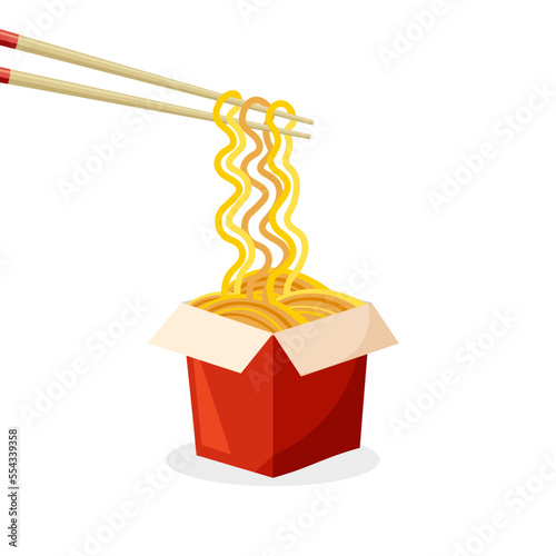 Oriental noodle dish. Traditional asian noodles with chopsticks. Korean and Japanese food. Chinese cuisine. Vector illustration in trendy flat style isolated on white background.