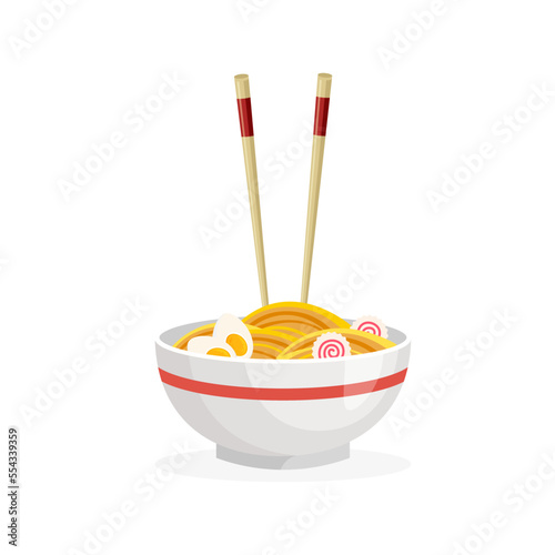 Oriental noodle. Traditional asian ramen soup with chopsticks. Korean and Japanese food. Chinese cuisine. Vector illustration in trendy flat style isolated on white background.