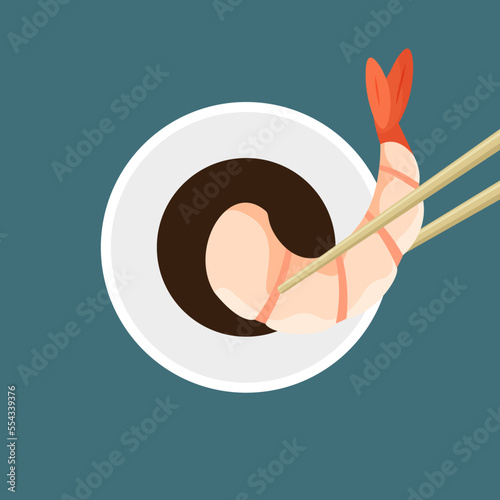 Shrimp without shell close up. Chopsticks holding prawn dipped in soy sauce . Boiled or grilled shrimps. Traditional Asian food. Vector illustration in trendy flat style isolated.