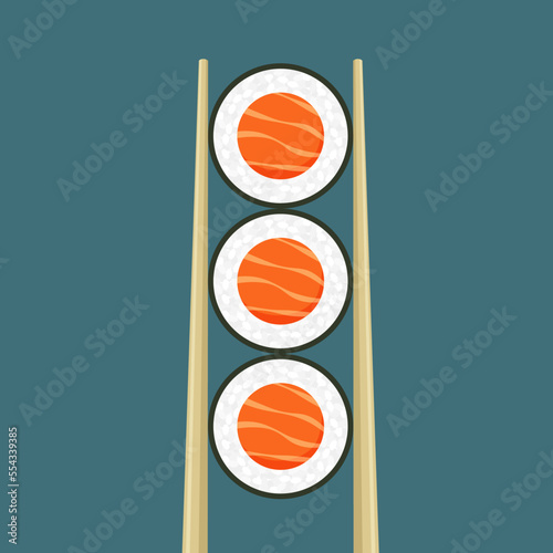 Salmon sushi rolls. Chopsticks holding fish dish. Japanese sushi bar. Traditional Asian sea food. Restaurant poster. Vector illustration in trendy flat style isolated.