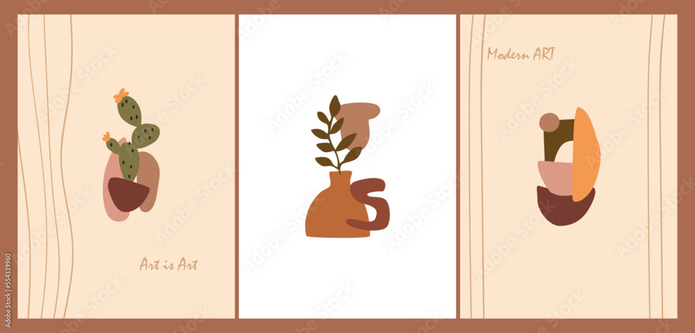 Abstract shapes with leaves printable posters. Set of card with modern art. Beige.