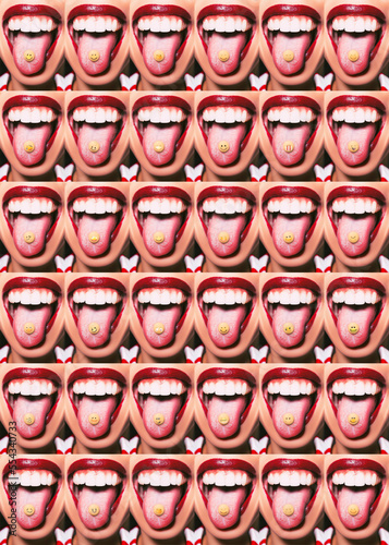 A funny collage (similar photos into regular grids) showing the tongue of a young woman with a yellow pill on it, with a drawn smile. Created with generative AI. 