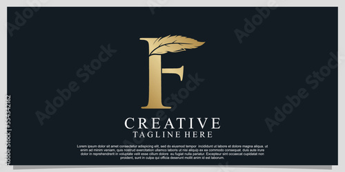 Golden letter F with unique feather combination logo design Premium Vector