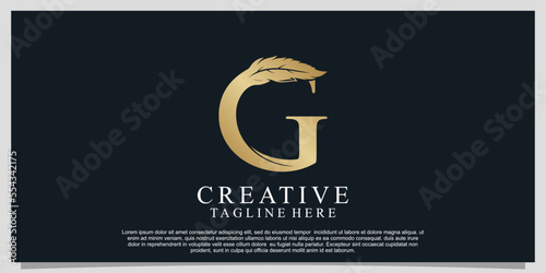 Golden letter G with unique feather combination logo design Premium Vector