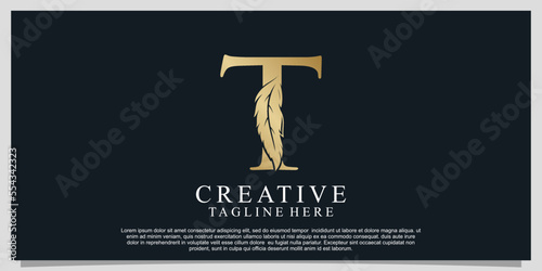 Golden letter T with unique feather combination logo design Premium Vector
