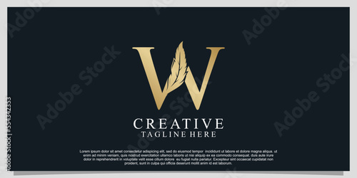 Golden letter W with unique feather combination logo design Premium Vector