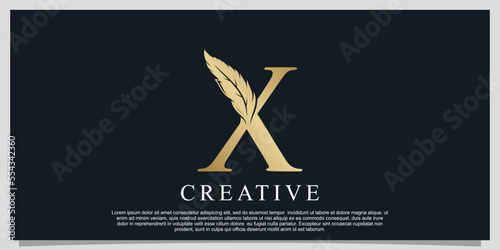 Golden letter X with unique feather combination logo design Premium Vector