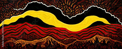 Australian Aboriginal dreamtime creation of Australia by a rainbow serpent, its mountains rivers, trees and people, Aboriginal religion and culture, concept illustration photo