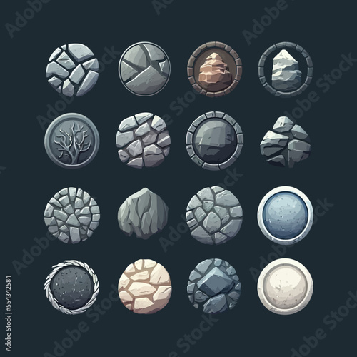 Stone vector button set, gui UI rock frame game asset. Isolated on a black  background. Cartoon vector illustration