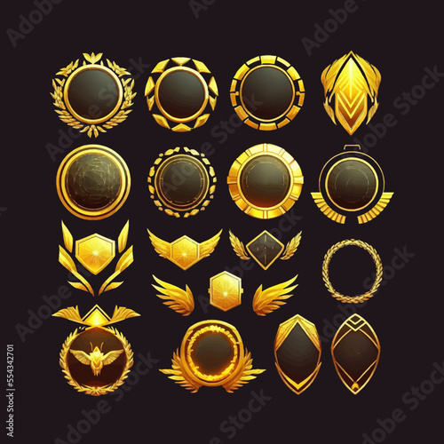 Golden avatar game frame set, royal circle geometric kit. Isolated on a white background. Cartoon vector illustration