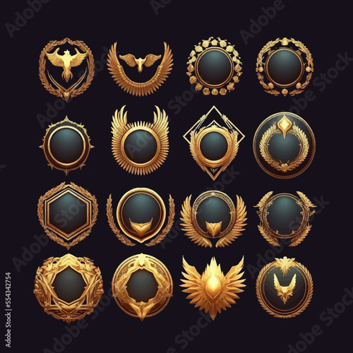 Golden avatar game frame set, royal circle geometric kit. Isolated on a white background. Cartoon vector illustration