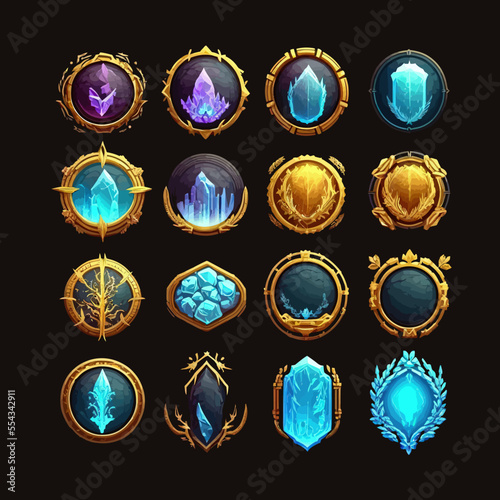 Game frame set, round level up title UI GUI. Isolated on a black background. Cartoon vector illustration