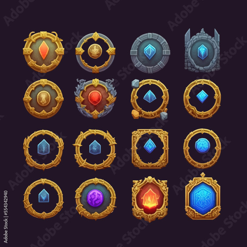 Stone game frame set, medieval level up user avatar circle. Isolated on a black background. Cartoon vector illustration