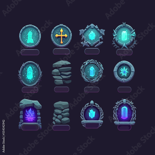 Stone game frame set, medieval level up user avatar circle. Isolated on a black background. Cartoon vector illustration
