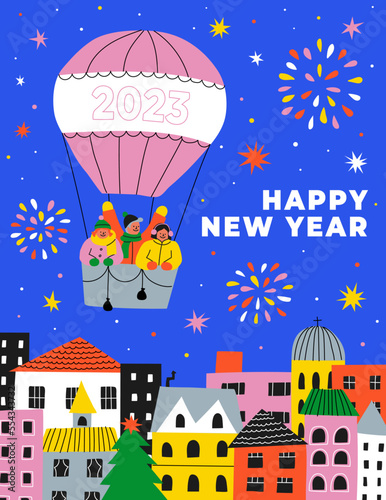 Happy new year 2023. Cityscape with colorful fireworks festival. City celebration. Carnival with air balloon. Banner, poster, flyer, greeting card. hand drawn style. Trendy Flat vector illustration.