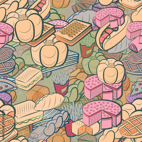 Background pattern abstract design texture. Seamless. Bakery products and American food. Theme is about cake, braid, baklava, two-layer, twist, cherry, hamburger, piece, lush, a sandwich