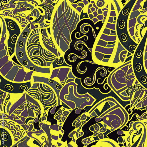 Tracery seamless pattern. Mehndi design. Dark sharp colors. 6 colors. Ethnic doodle texture. Curved doodling background. Vector