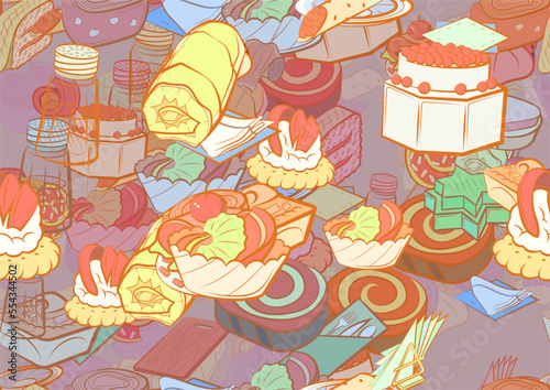 Background pattern abstract design texture. Seamless. Table setting and Snacks. Theme is about sausage, cherry, spoon, meat, caramel, salt shaker, sweet, tree, satiety, caviar, slice, sandwich
