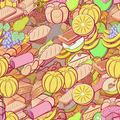 Background pattern abstract design texture. Seamless. Bakery products and Fruits. Theme is about biscuit, filling, cheese, a stack, cake, pieces, fried, lush, waffles, cherry, bunch, whole