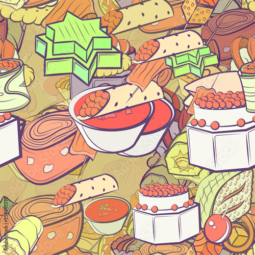 Background pattern abstract design texture. Seamless. Snacks. Theme is about cream, sweet, marshmallows, twisted filling, sweetness, cherry, snack, crab meat, cucumber, salmon, cheese, liquids