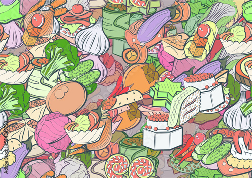 Background pattern abstract design texture. Seamless. Health food and Snacks. Theme is about sugar, Chile, wrapped up, head of cab, pods, stuffed cabbage, whole garlic, whole onion, cucumber roll