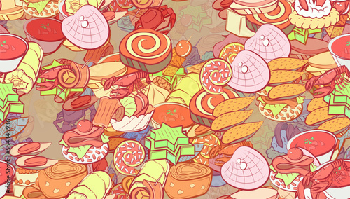 Background pattern abstract design texture. Seamless. Snacks and Seafood. Theme is about onigiri, sausage, salmon, sweet, cherry, cake, tentacle, nautical, sandwich, spiral, big, claws, tartlet