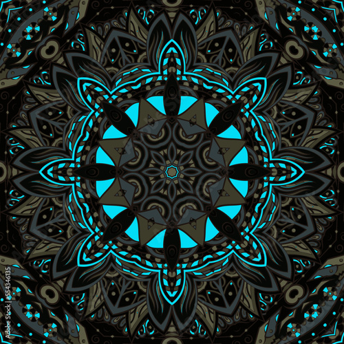 Seamless tile texture. Tracery mehndi design image. Dark toxic colors. Ethnic doodle art. Curved doodling picture. Vector