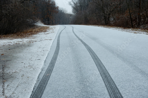 Tire tracks on a snowy road near Eureka, Missouri, USA; Saint Louis, Missouri, United States of America