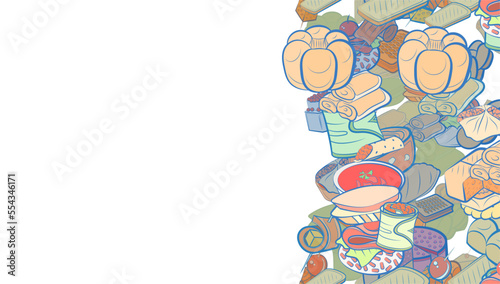 Background pattern abstract design texture. Snacks and Bakery products. Vertical seamless stripe. Border frame, transparent background. Theme is about Khinkali, topping, basket, a sandwich